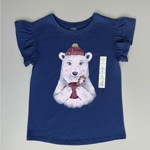 Jumping beans girls kids flutter sleeve with holiday sequin Bear navy Tshirt